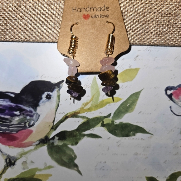 Natural Stone◇Tigers Eye & Amethyst~ Chip Earrings - Picture 2 of 2